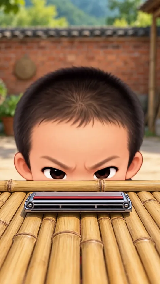 Henry peeking over the bamboo table with a harmonica lying on it