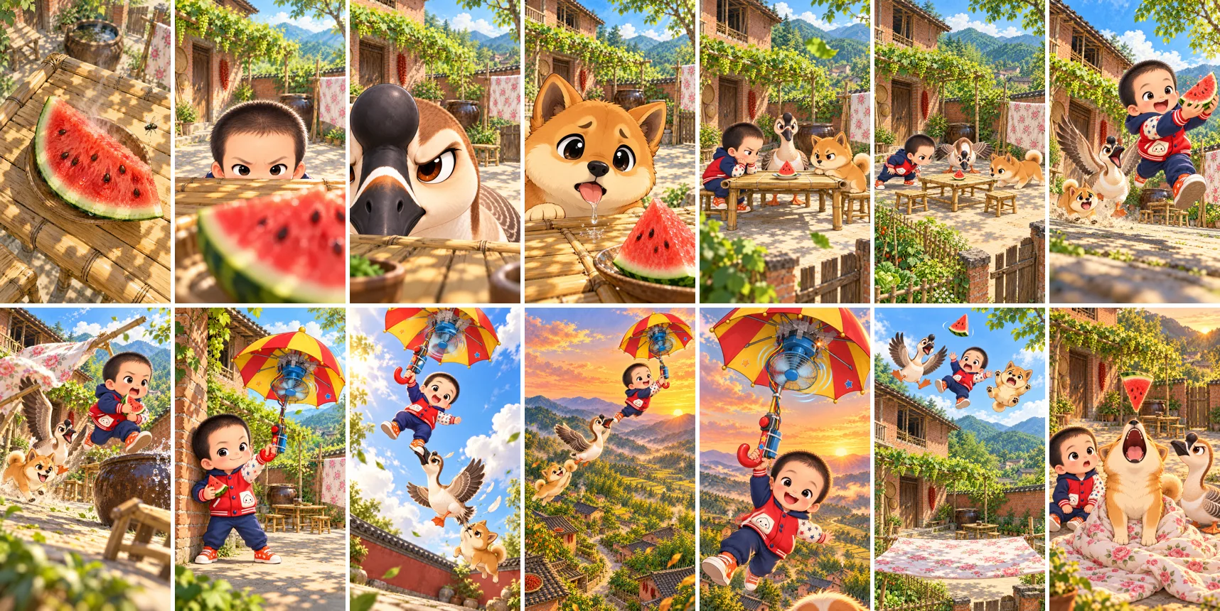 The 14 keyframes of GuaPi Episode 1 in a grid